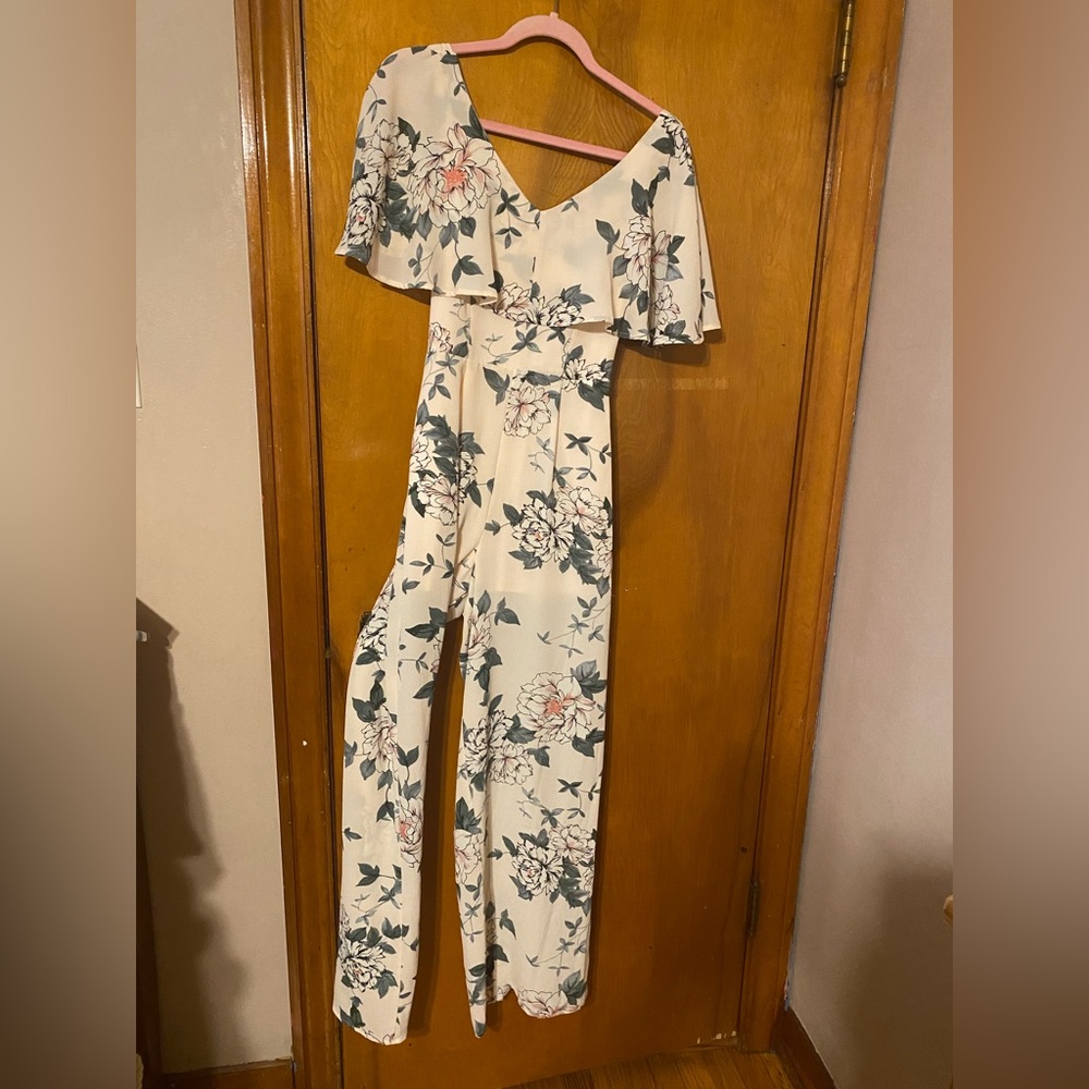 As U Wish Floral Ruffle Cross-Back Jumpsuit